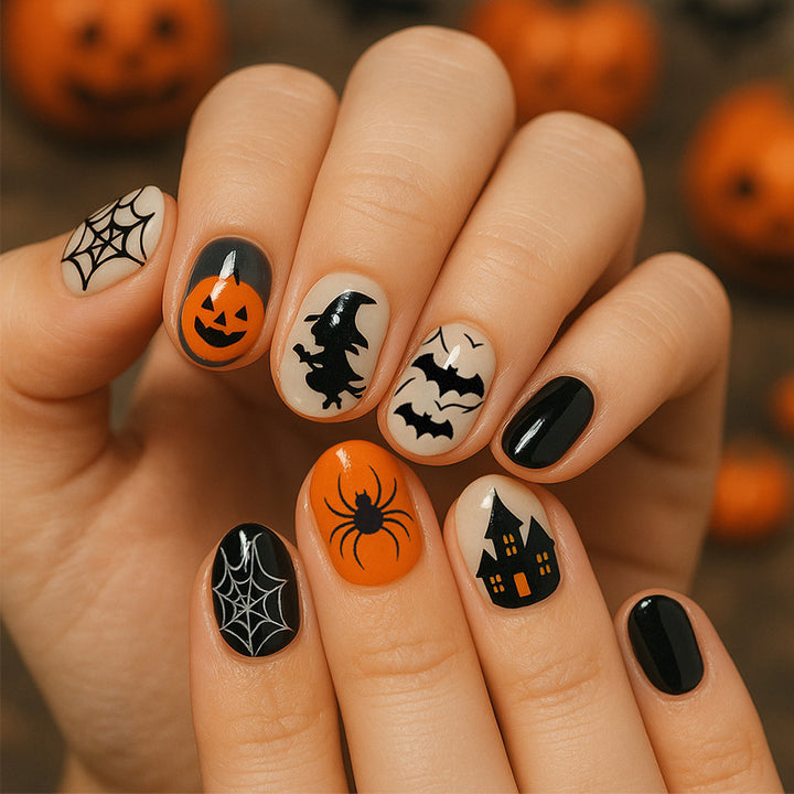 Halloween Artificial Nail Set with Creative Spider and Pumpkin Designs Bowlift