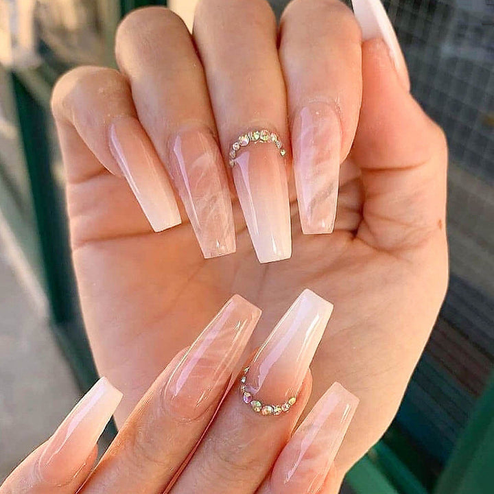 Elegant Long Acrylic Press-On Nail Set with Rhinestone Accents