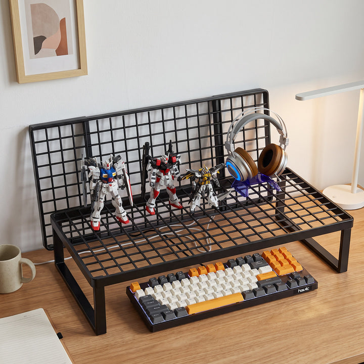 Fixed-Height Grid-Top Laptop and Monitor Elevating Stand with Open Storage Shelf