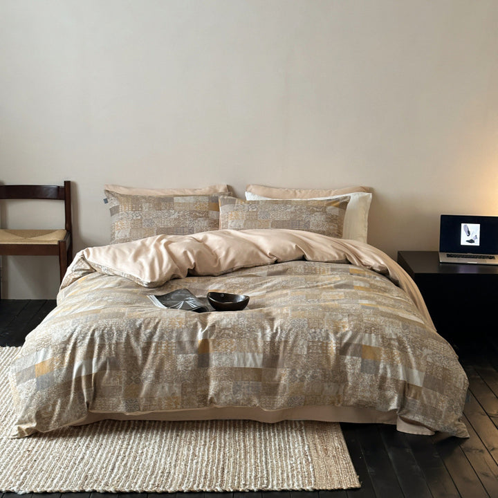 Reversible Cotton-Sateen Patchwork-Texture Duvet Cover Set with Deep-Fit Corners & Oxford Shams