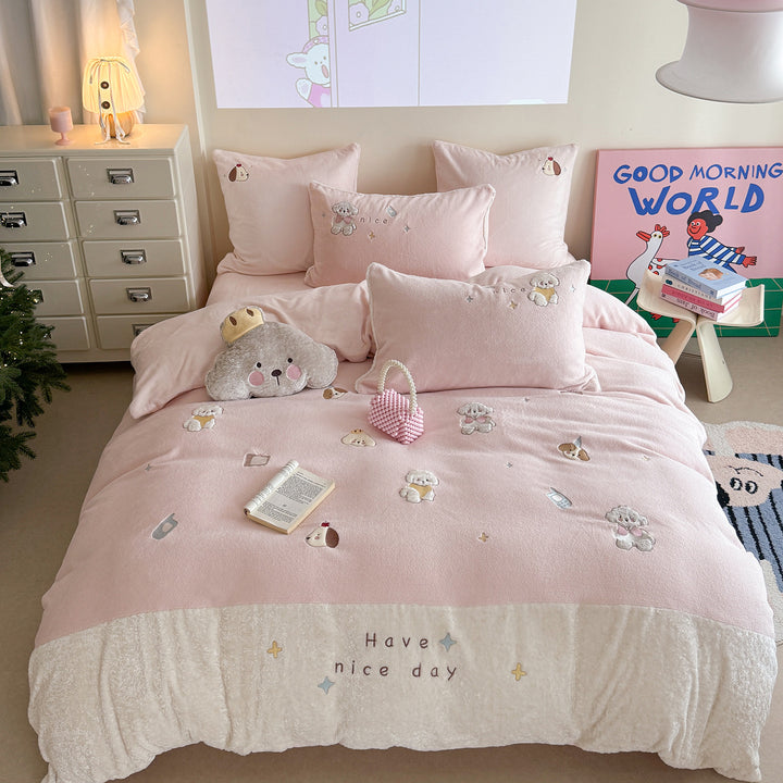 Plush Embroidered Puppy Sherpa Duvet Comforter Set