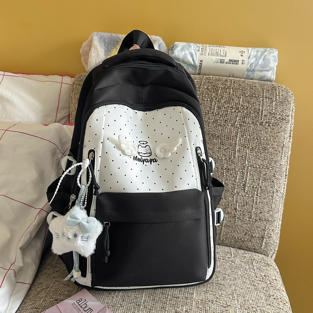 Stylish Dot-Printed Backpack with Decorative Accents Bowlift