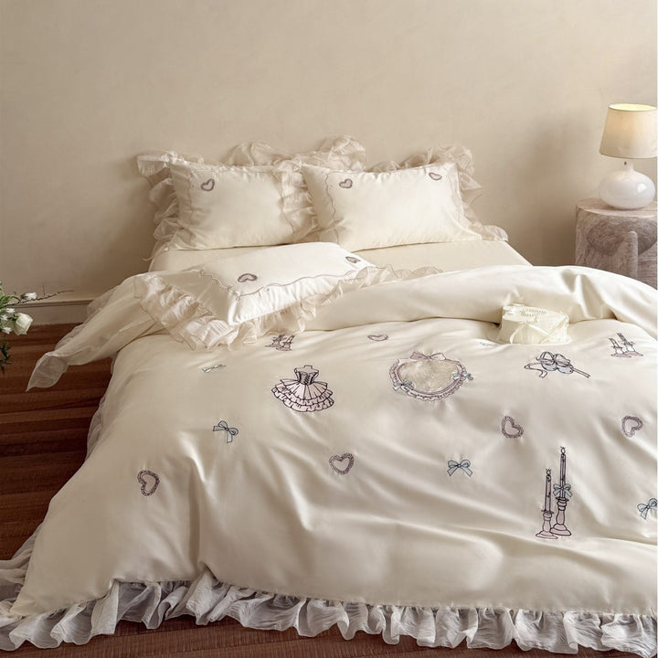 Luxury Ruffled Embroidered Cotton Duvet Cover Set