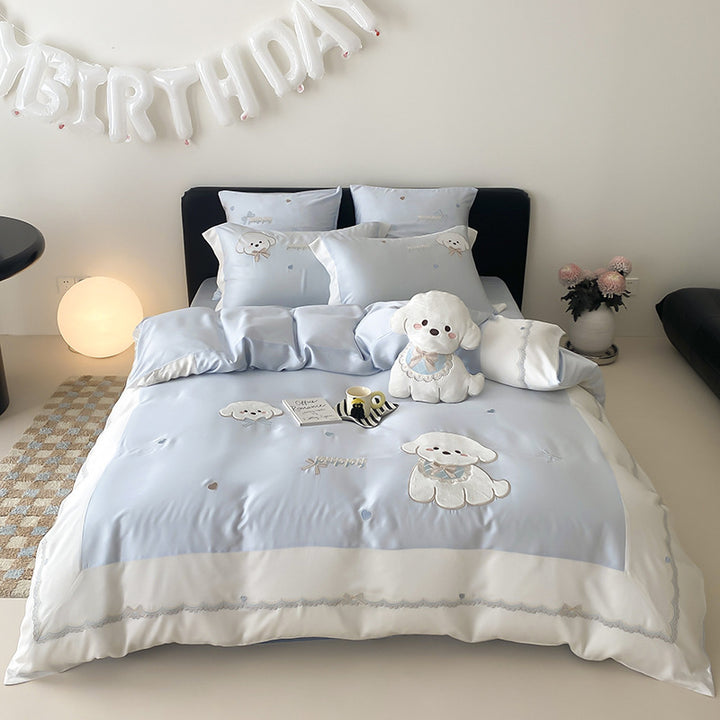 Luxury Embroidered Puppy Cotton Percale Bedding Set