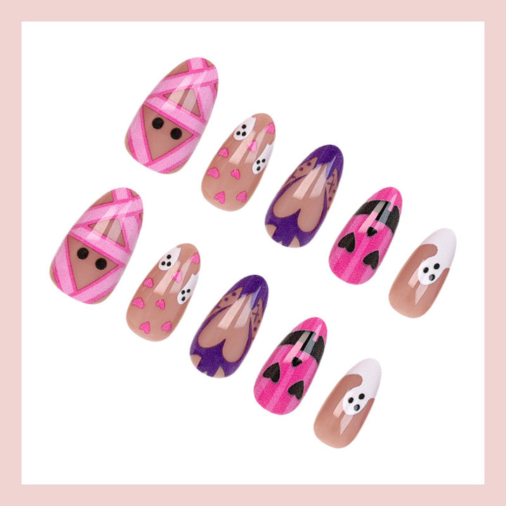 Halloween Artificial Nail Set with Playful Ghost and Heart Designs Bowlift