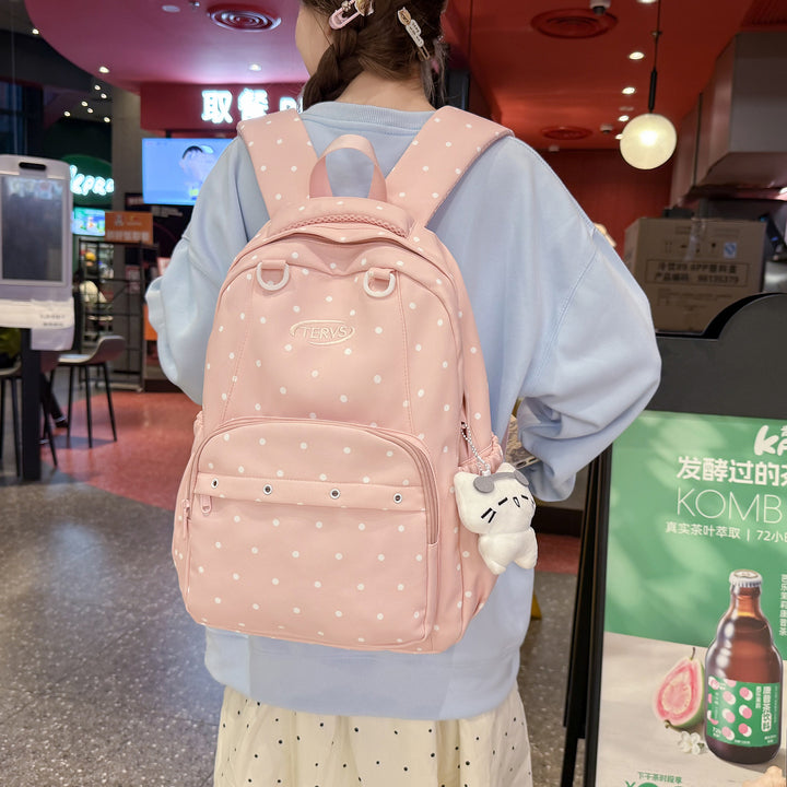 Polka Dot Print Backpack with Accessories Bowlift