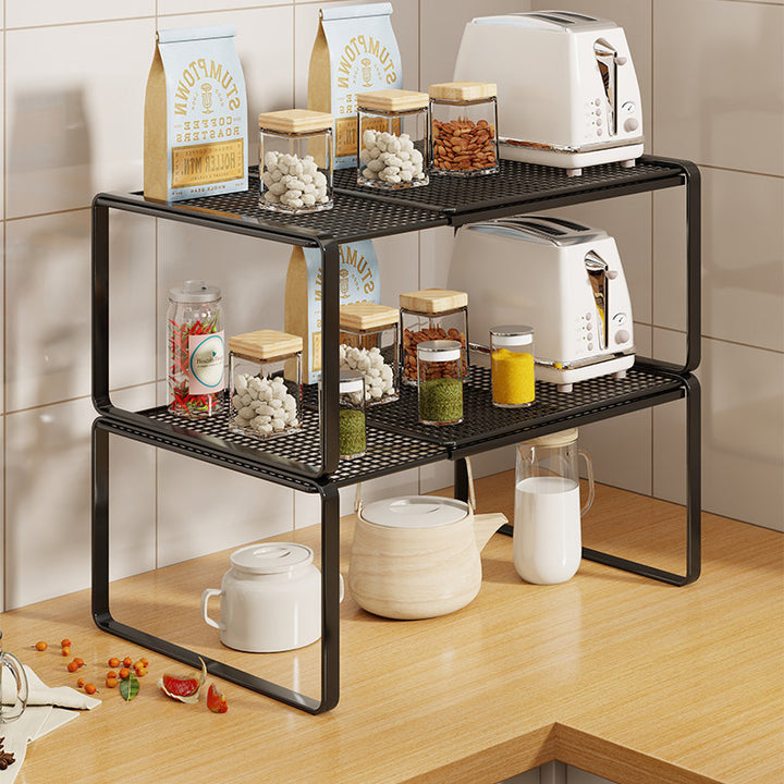 Countertop Elevated Kitchen Shelf Riser Organizer with Ventilated Grid and Open Storage