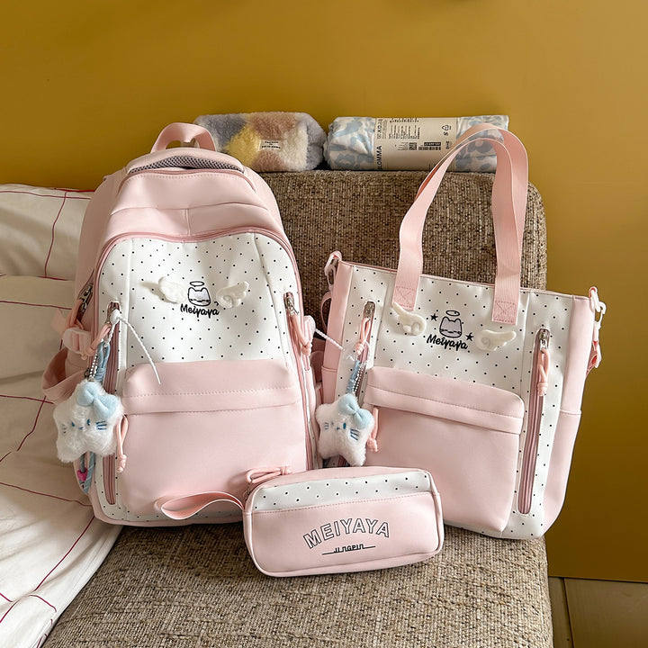 Stylish Dot-Printed Backpack with Decorative Accents Bowlift