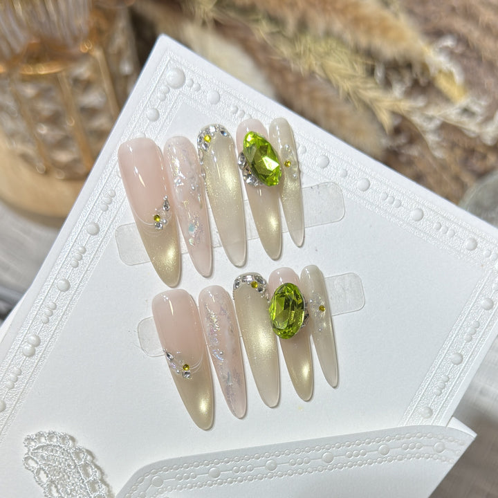 Elegant Press-On Nail Set with Gemstone Accents
