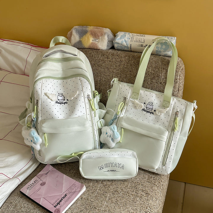 Stylish Dot-Printed Backpack with Decorative Accents Bowlift