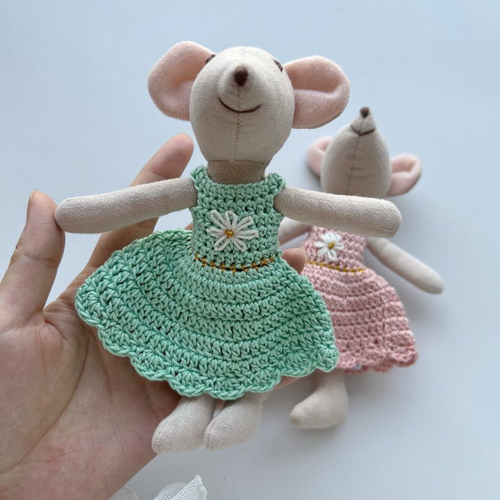 Handcrafted Cotton Mouse Doll with Crochet Floral Dress