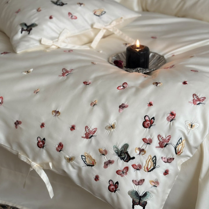 Embroidered Butterfly Cotton Sateen Duvet Cover Set