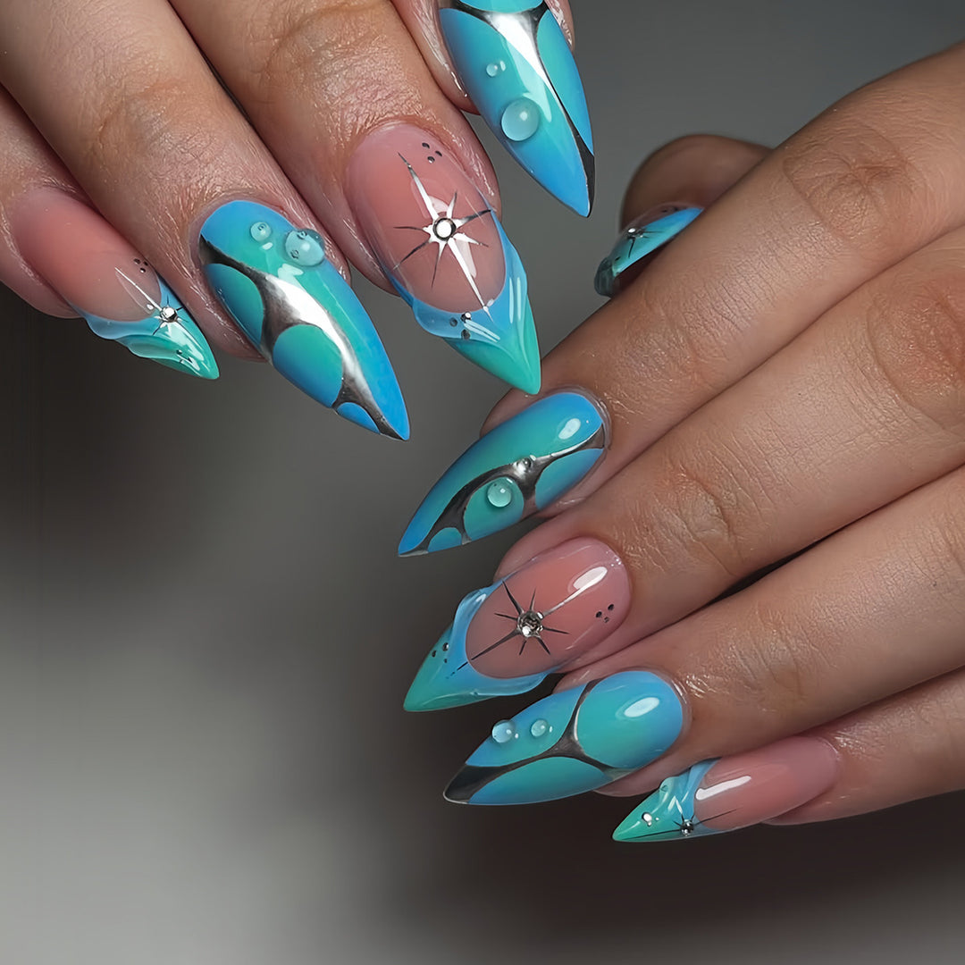 Artistic Stiletto Press-On Nail Extensions with Unique 3D Design Bowlift