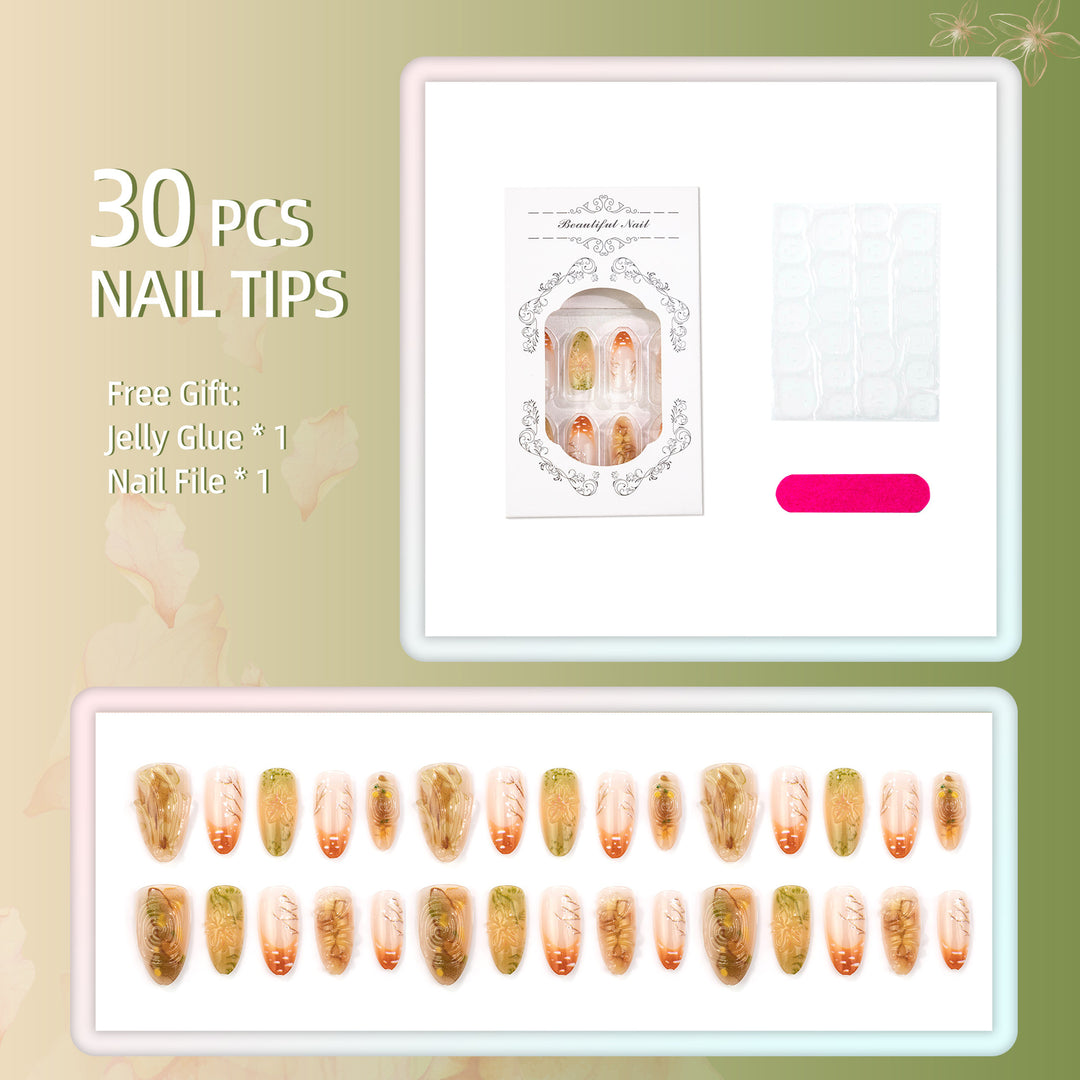 Artistic Press-On Nail Set with Floral and Metallic Design