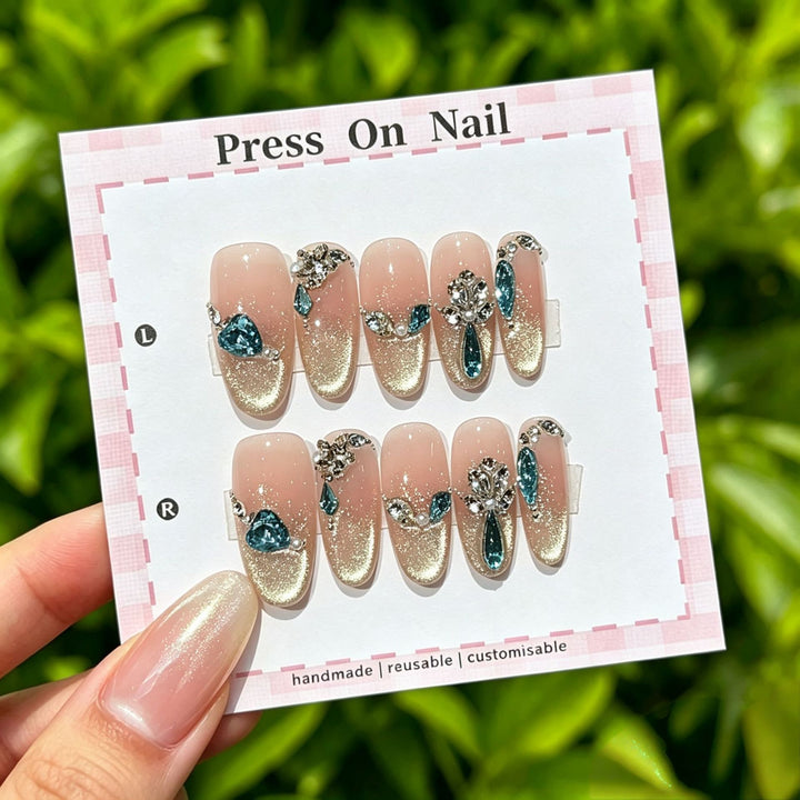 Handcrafted Decorative Press-On Nail Set with Crystal Accents