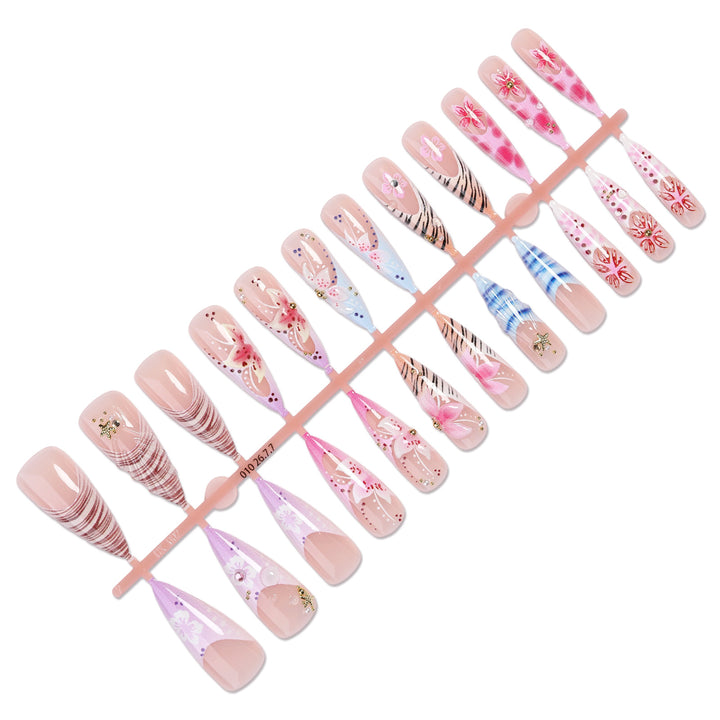 Artistic Press-On Nail Set with Floral and Gemstone Accents Bowlift