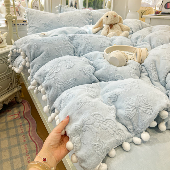 Plush Embossed Butterfly Duvet Cover Set with Pom-Pom Trim
