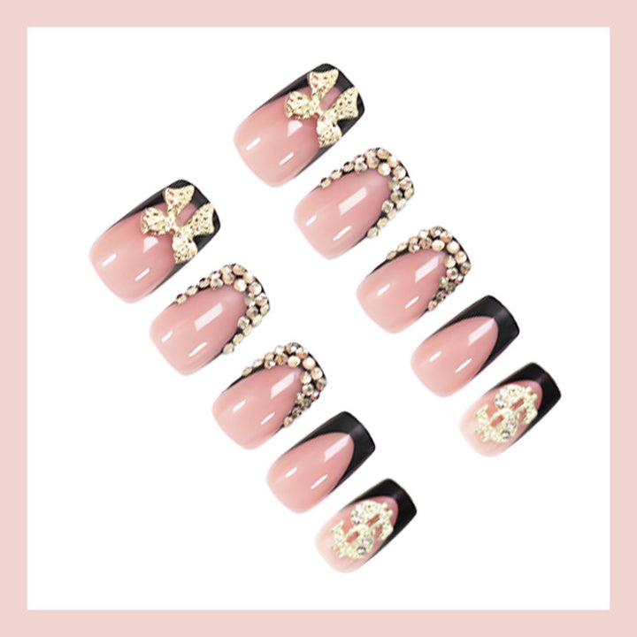 Artificial nail set with elegant golden decorations and modern design Bowlift