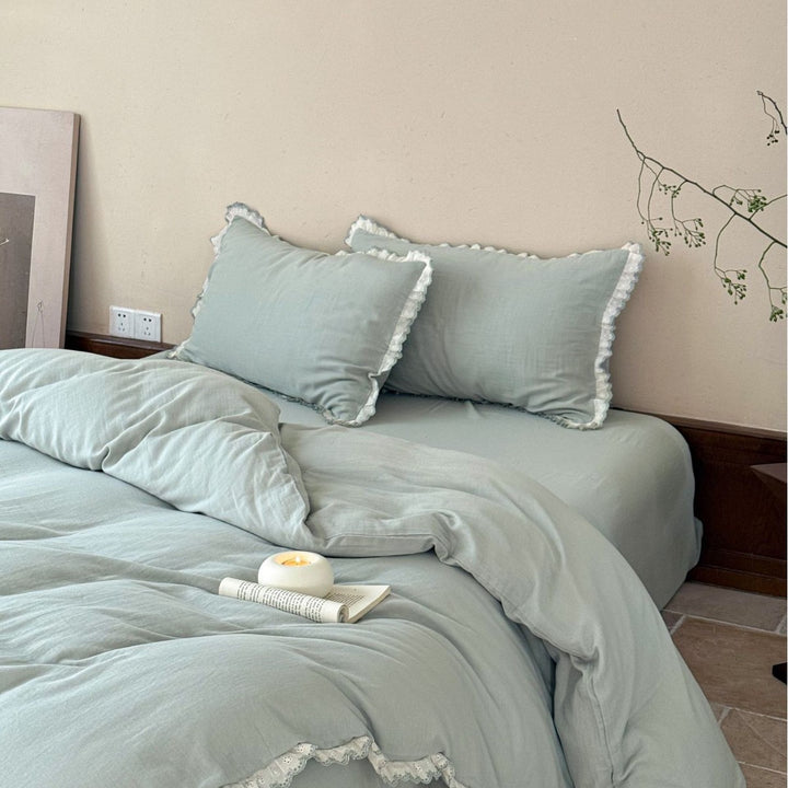 Washed Linen-Texture Duvet Cover Set with Eyelet Lace Ruffle & Hidden Closure