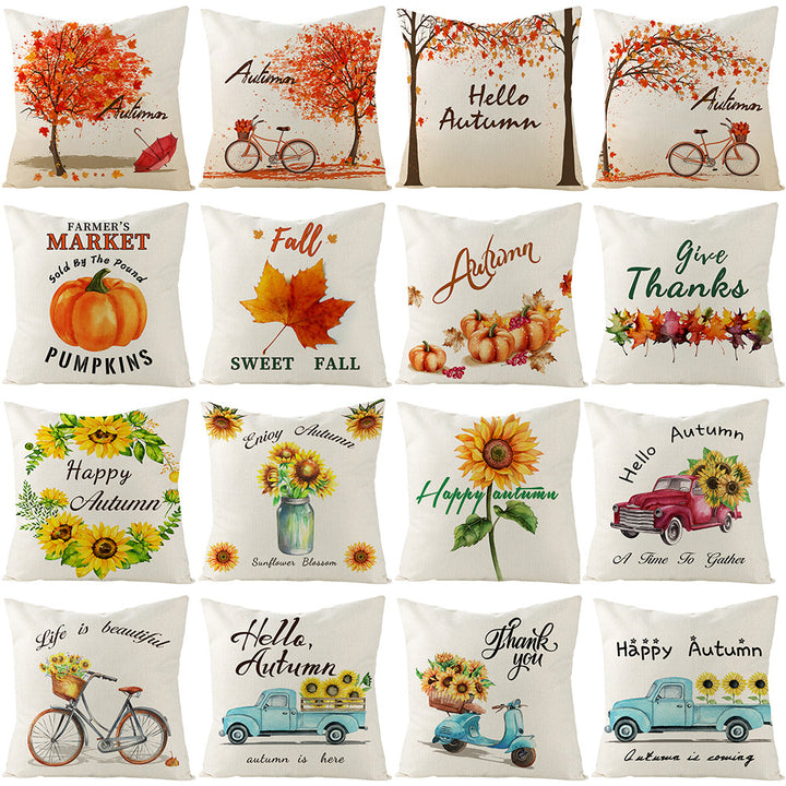 Autumn Linen-Blend Square Throw Pillow Cover with Hidden Zipper and 'Hello Autumn' Script