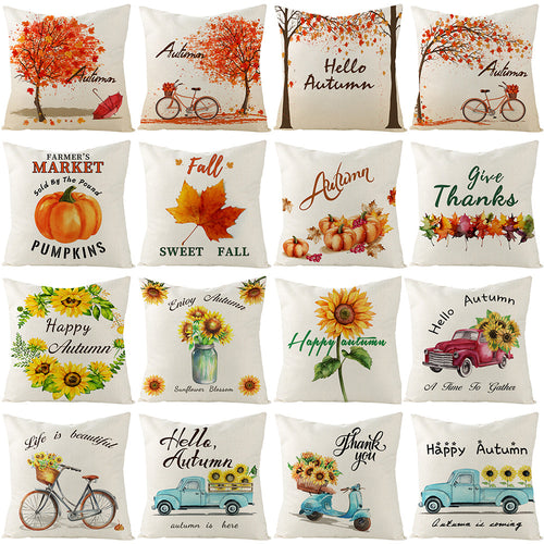 Autumn Linen-Blend Square Throw Pillow Cover with Hidden Zipper and 'Hello Autumn' Script