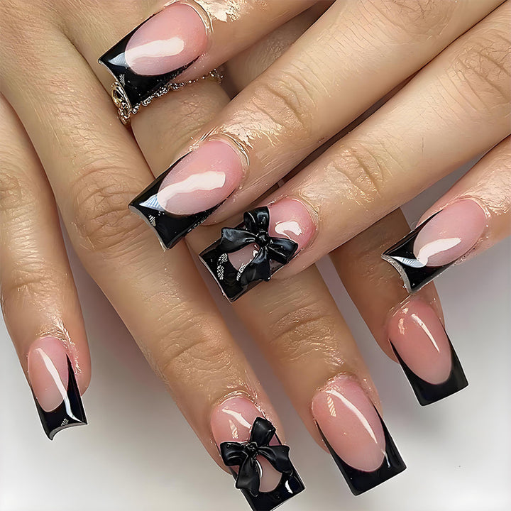 Acrylic Nail Set with Elegant Black Tips and Accessories Bowlift