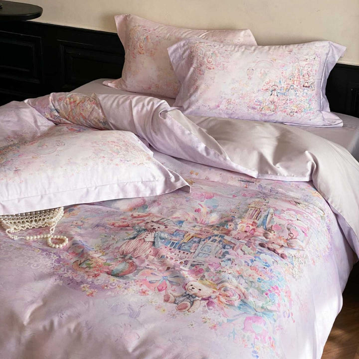 delicate cotton satin bedding set with a fairy-tale watercolor design