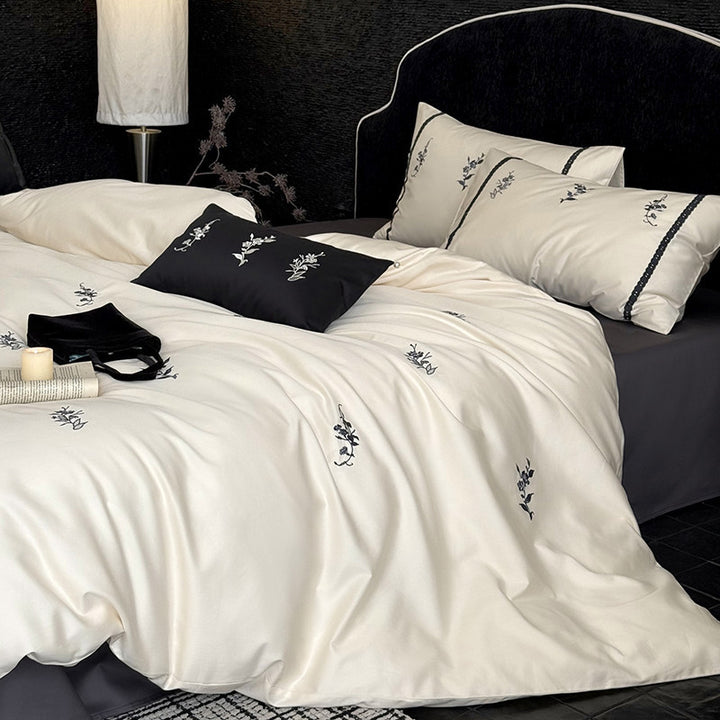 Silky Microfiber Embroidered Botanical Duvet Cover Set with Hidden Zip & Accent Shams