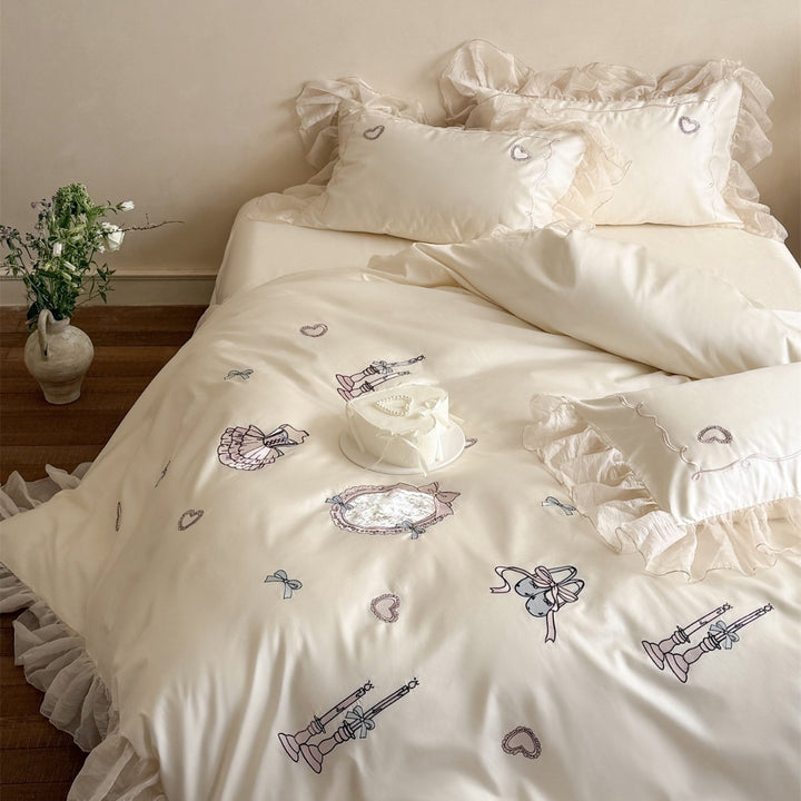 Luxury Ruffled Embroidered Cotton Duvet Cover Set