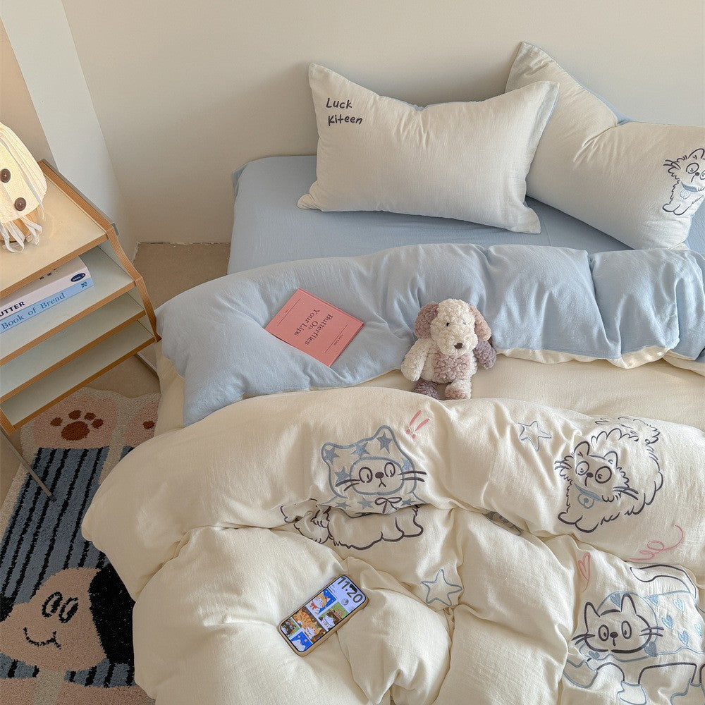 Cozy Cartoon-Embroidered Plush Down-Alternative Duvet Comforter