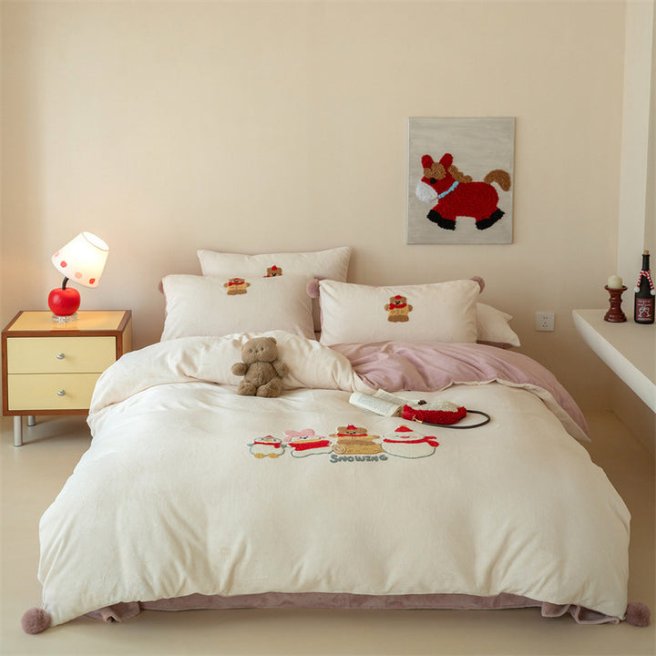 Embroidered Teddy Plush Pom-Pom Duvet Cover Set