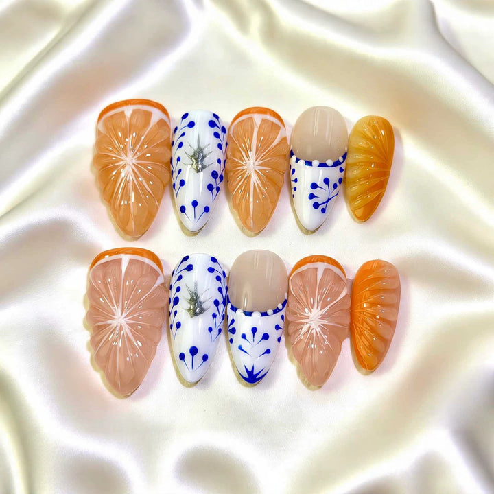 Artistic Press-On Nail Set Featuring Citrus Patterns