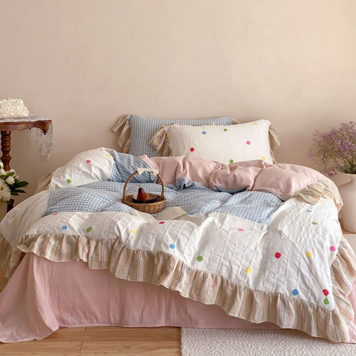 Ruffled Patchwork Polka-Dot Cotton Quilt Cover Set with Gingham Insert and Pillow Shams