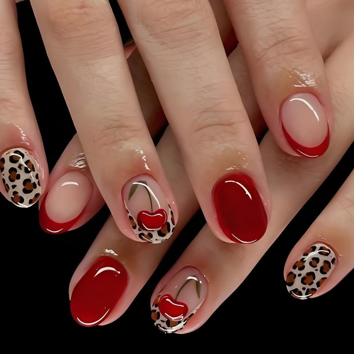 Artificial nail set with trendy leopard and cherry designs Bowlift