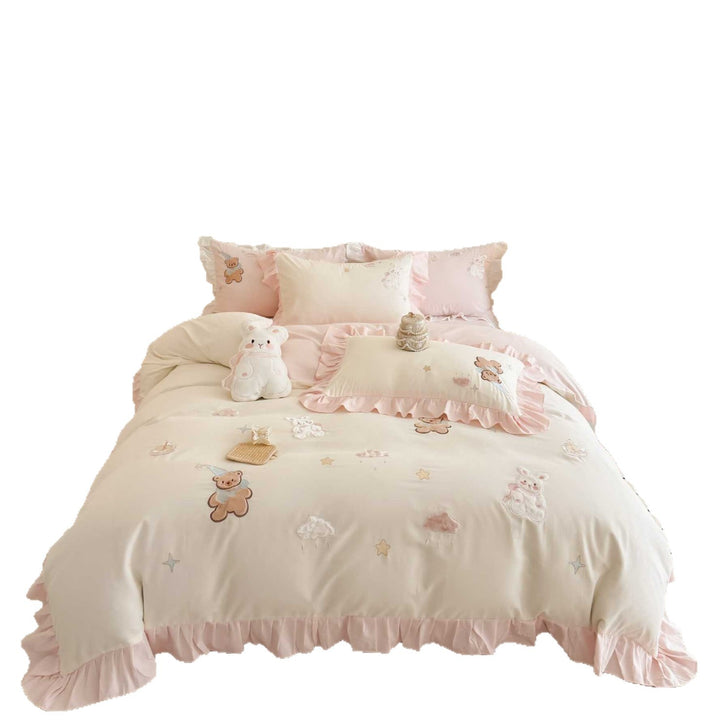 Cute-romantic children's bedding set with ruffles, embroidered teddy bears, and plush appliqué