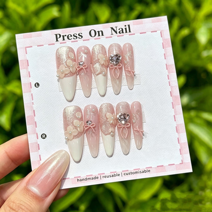 Elegant Press-On Nail Art Set with 3D Floral Accents