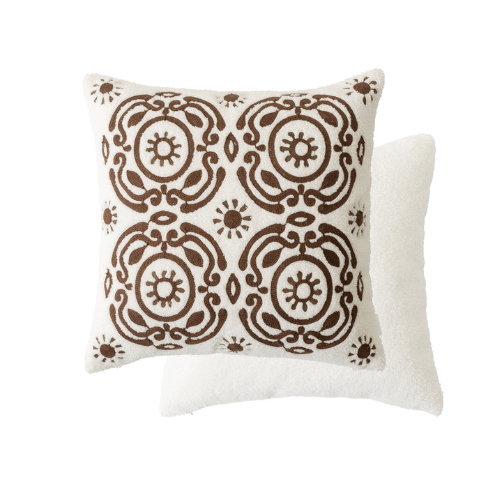 Bouclé pillow with hand-stitched ethnic design and removable cover Bowlift