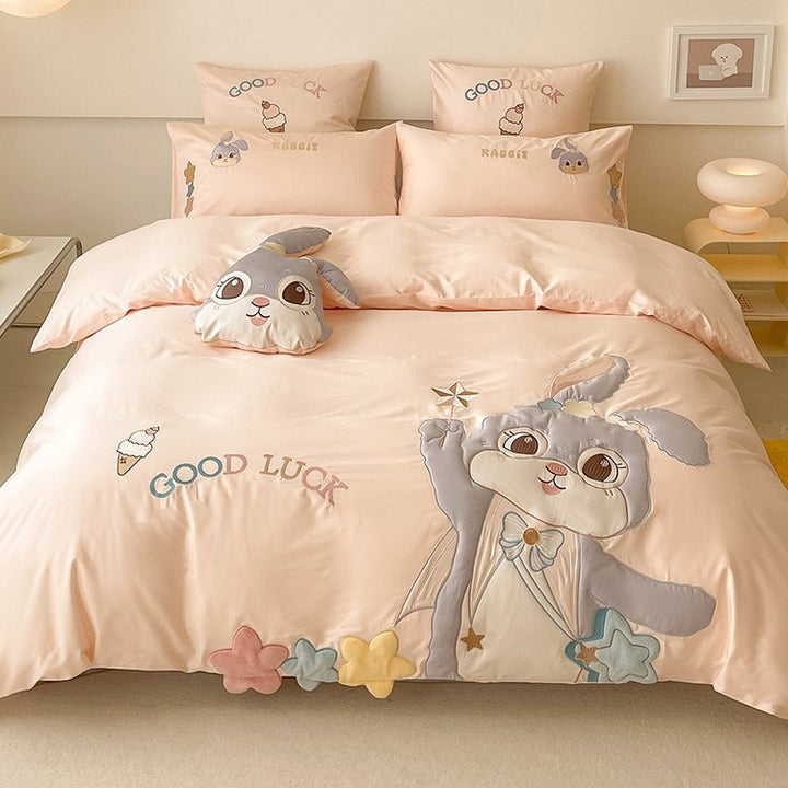 Luxurious cotton bedding set with embroidered cuddle rabbit motif