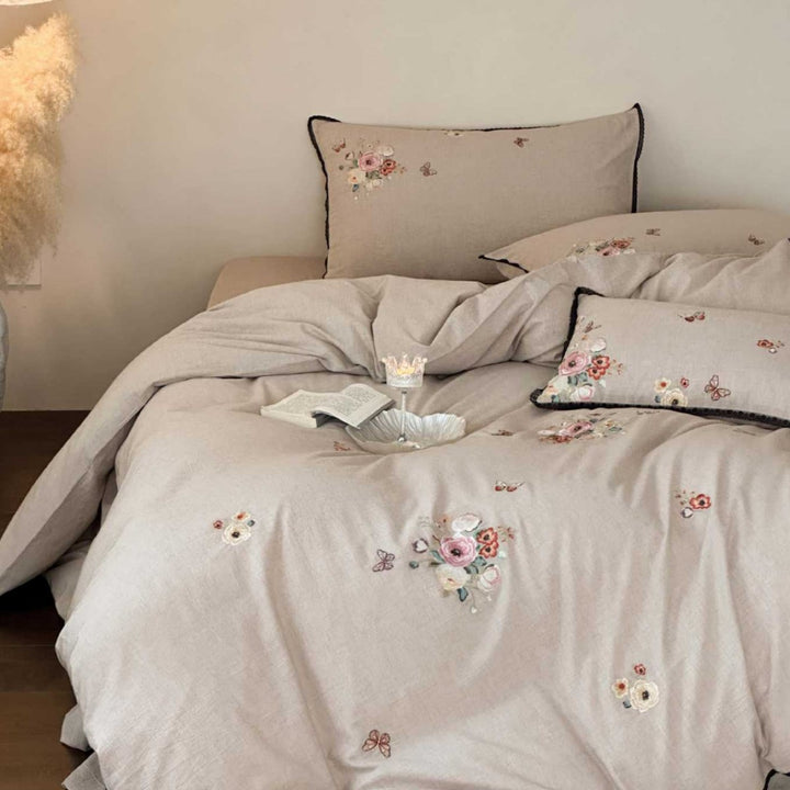 Embroidered Linen-Blend Duvet Cover Set with Piped Edge & Decorative Pillow Shams