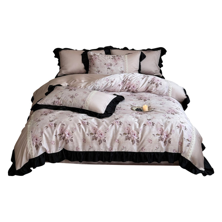Floral Lace-Trimmed Ruffled Duvet Cover Bedding Set
