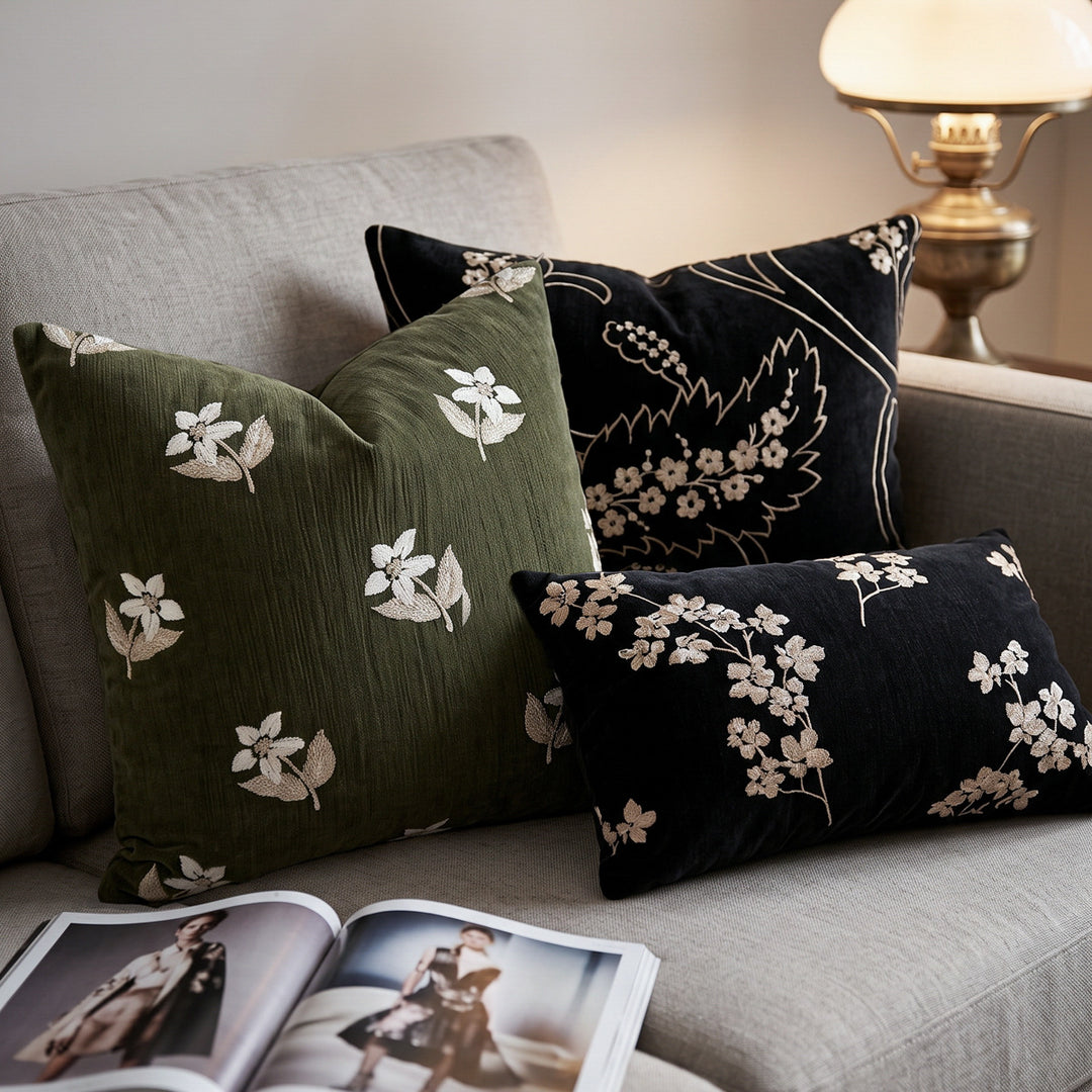 Decorative pillow with floral embroidery