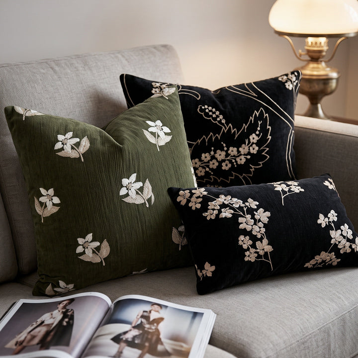 Decorative pillow with floral embroidery