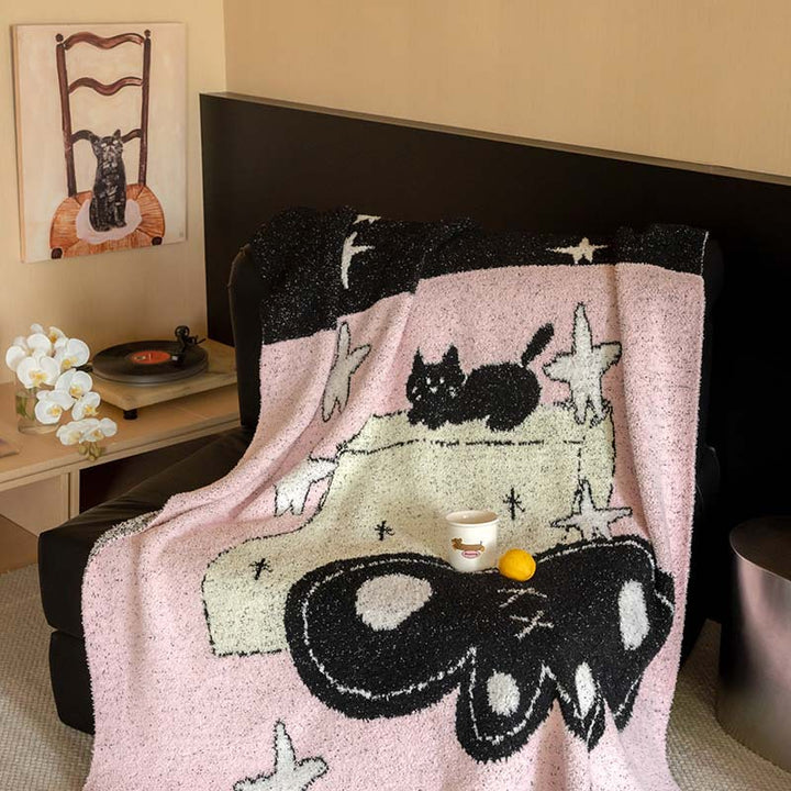 Extra soft chenille throw blanket with cat illustration and star relief Bowlift