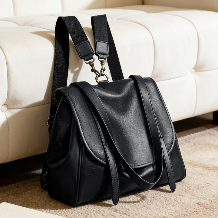 Convertible Smooth Leather Flap Tote Backpack with Detachable Webbing Straps