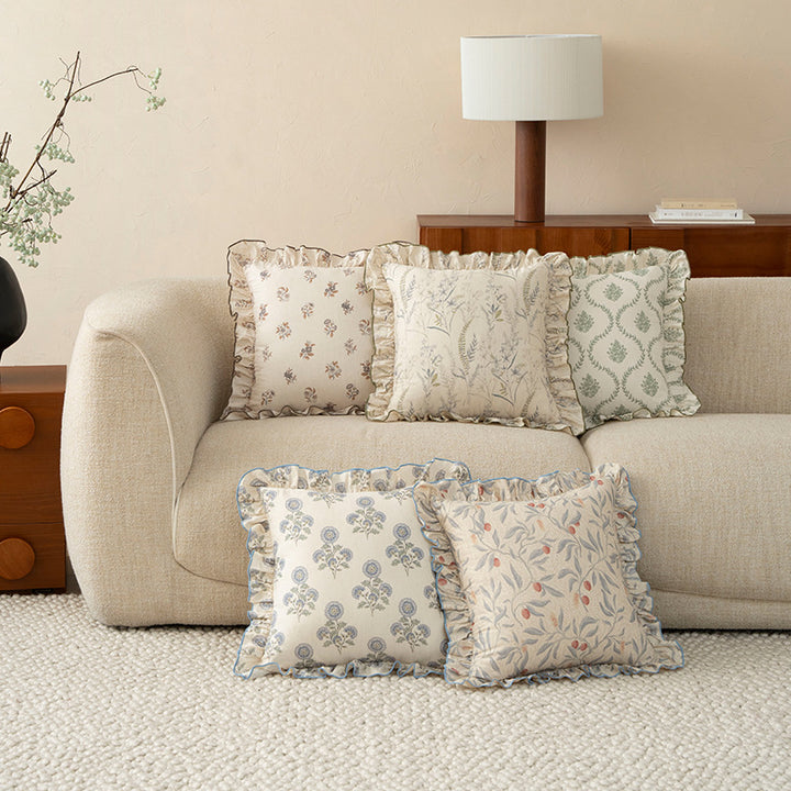 Decorative cushion with ruffles and botanical linen pattern Bowlift
