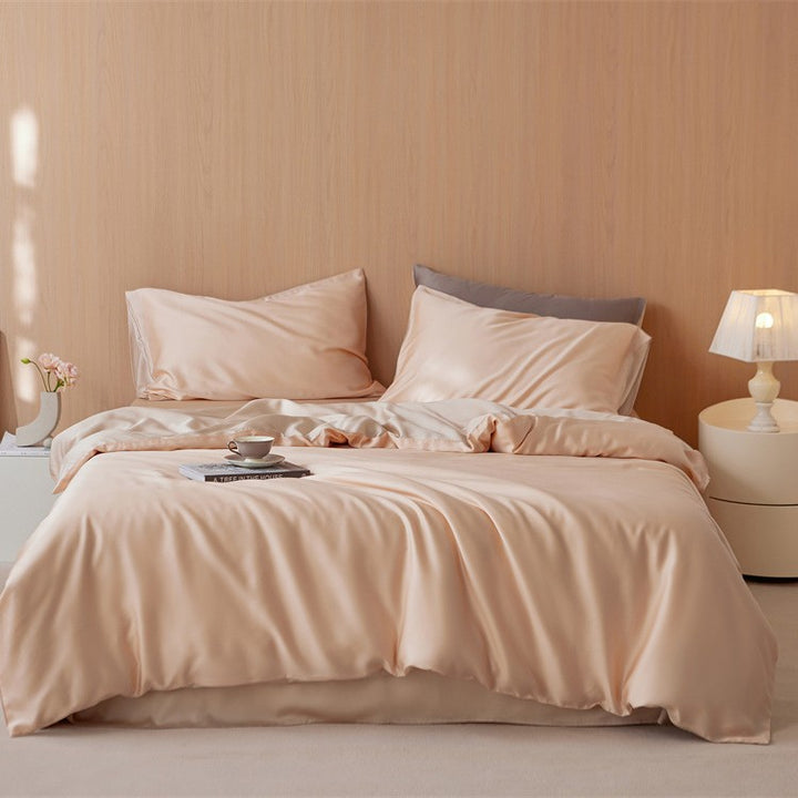 Luxurious cotton satin bedding set with a silky-matte feel, reversible function, and fine piping