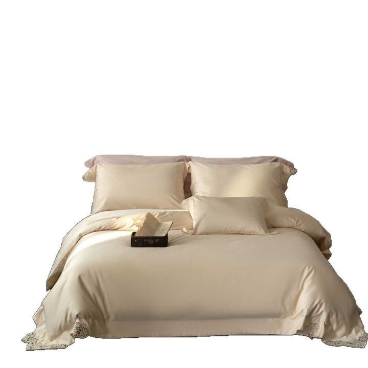 Satin bedding set with lace heart appliqué