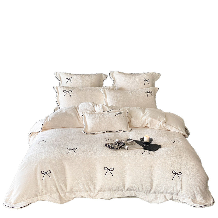 Plush Embroidered Bow Textured Duvet Cover Set with Piped Pillow Shams