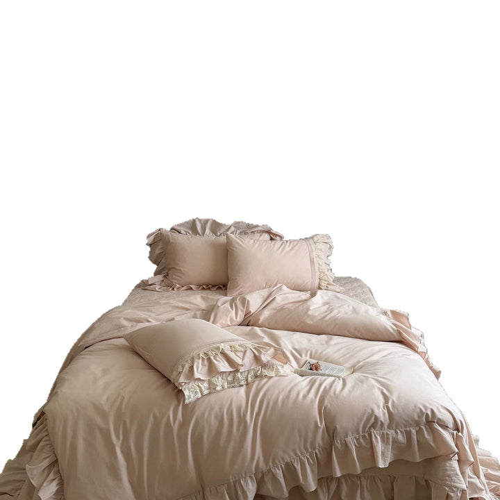 Romantic Ruffled Cotton Sateen Bedding Ensemble with Crochet-Lace Pillow Shams