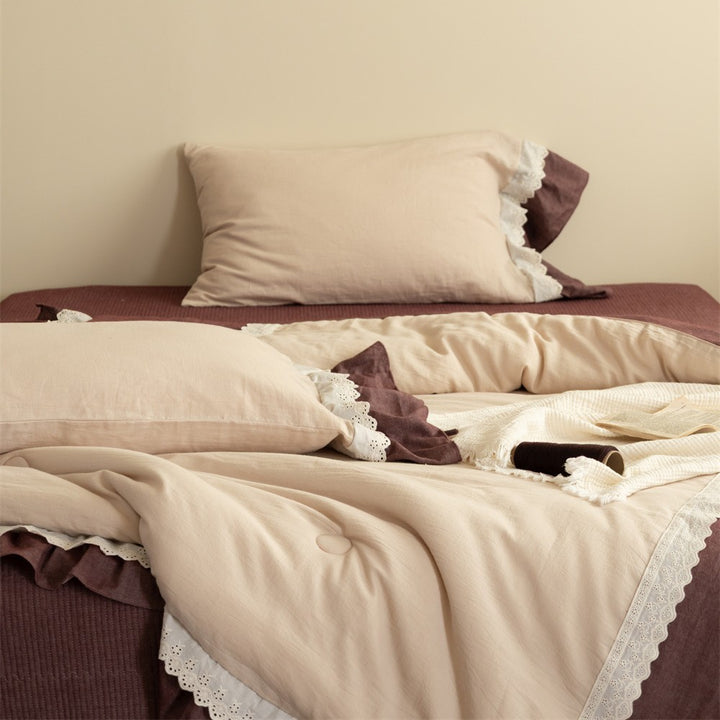 Lace-Trim Ruffled Cotton-Linen Layered Duvet Cover Set